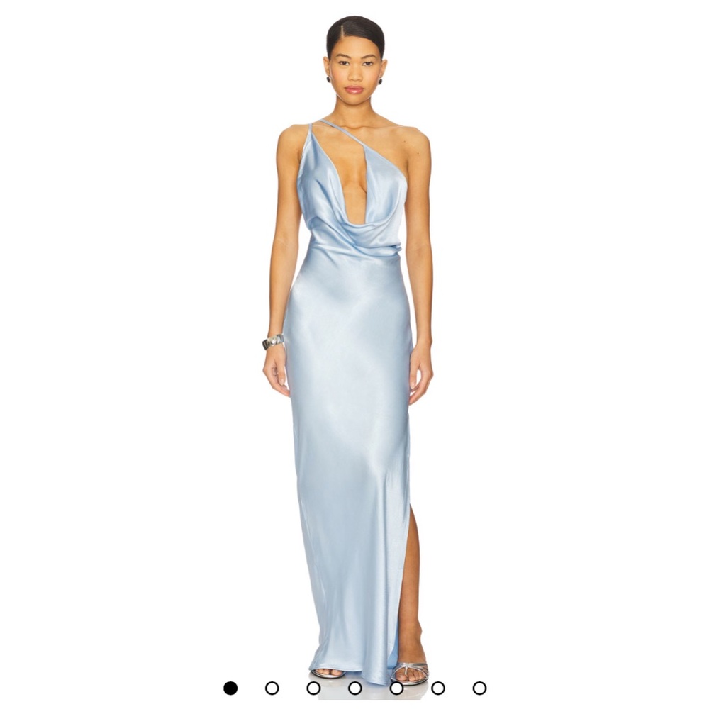 SNDYS x Revolve Johanna Cowl Neck Satin Maxi Dress in Sky Blue